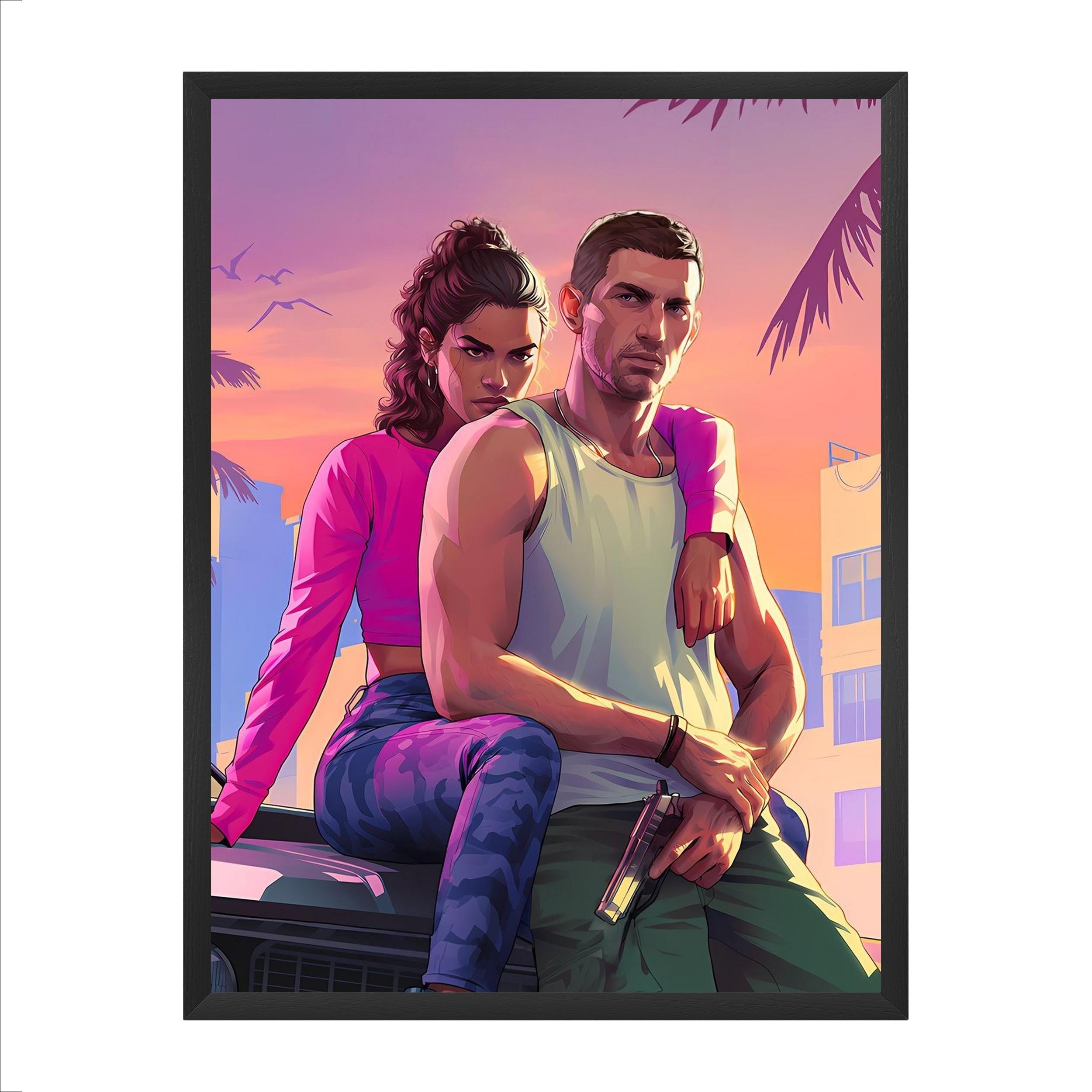 Lucia & Jason Vice City Style Wooden Framed Premium Semi-Glossy Poster