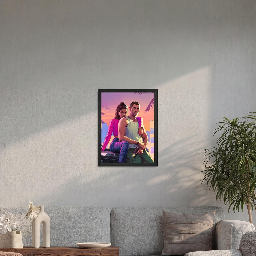 Lucia & Jason Vice City Style Wooden Framed Premium Semi-Glossy Poster