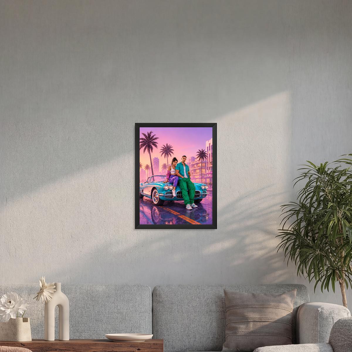 Lucia & Jason Vice City Style Wooden Framed Premium Semi-Glossy Poster